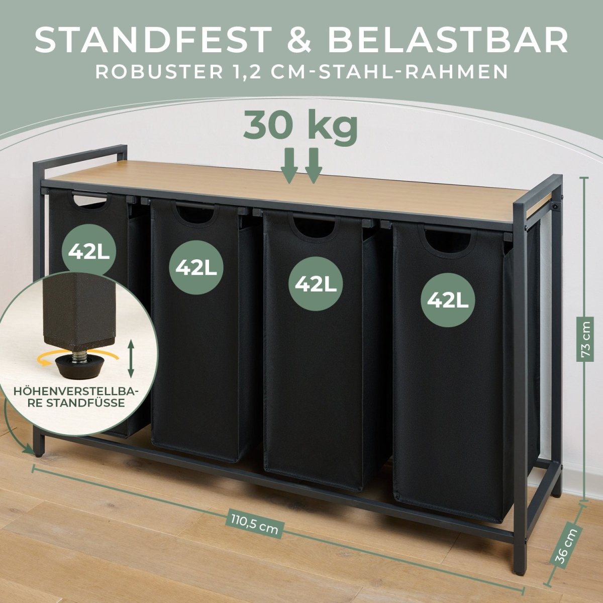 WÄSCHEKORB mit Metall - Rahme - Ablage & Beinen + 4 Verschiedenen Designs -