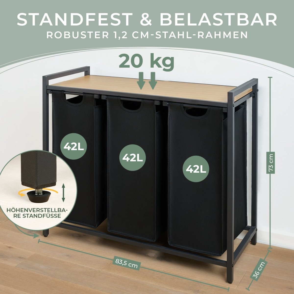 WÄSCHEKORB mit Metall - Rahme - Ablage & Beinen + 4 Verschiedenen Designs -