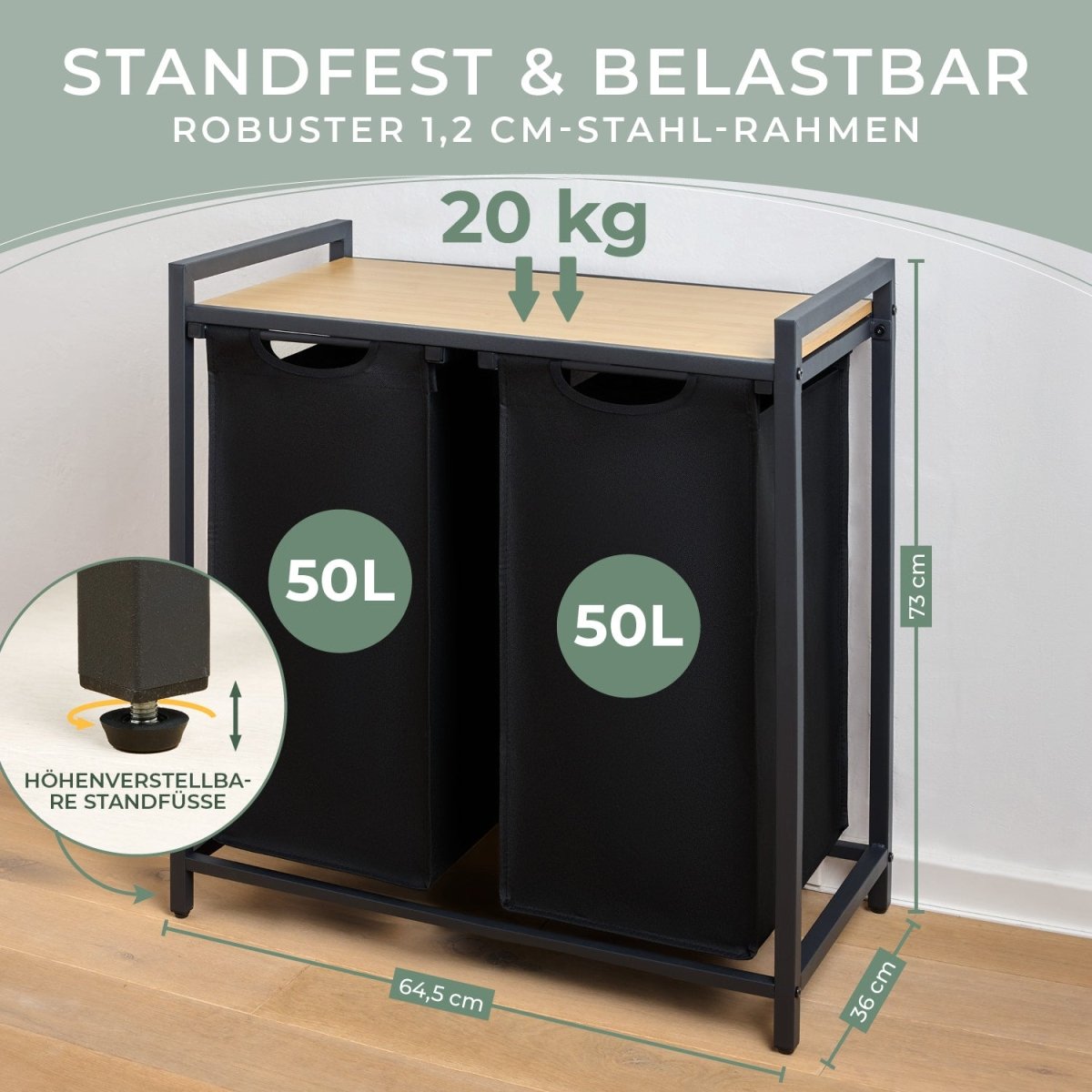 WÄSCHEKORB mit Metall - Rahme - Ablage & Beinen + 4 Verschiedenen Designs -