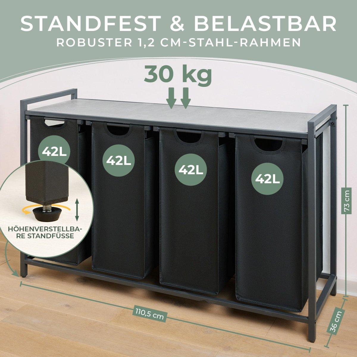 WÄSCHEKORB mit Metall - Rahme - Ablage & Beinen + 4 Verschiedenen Designs -