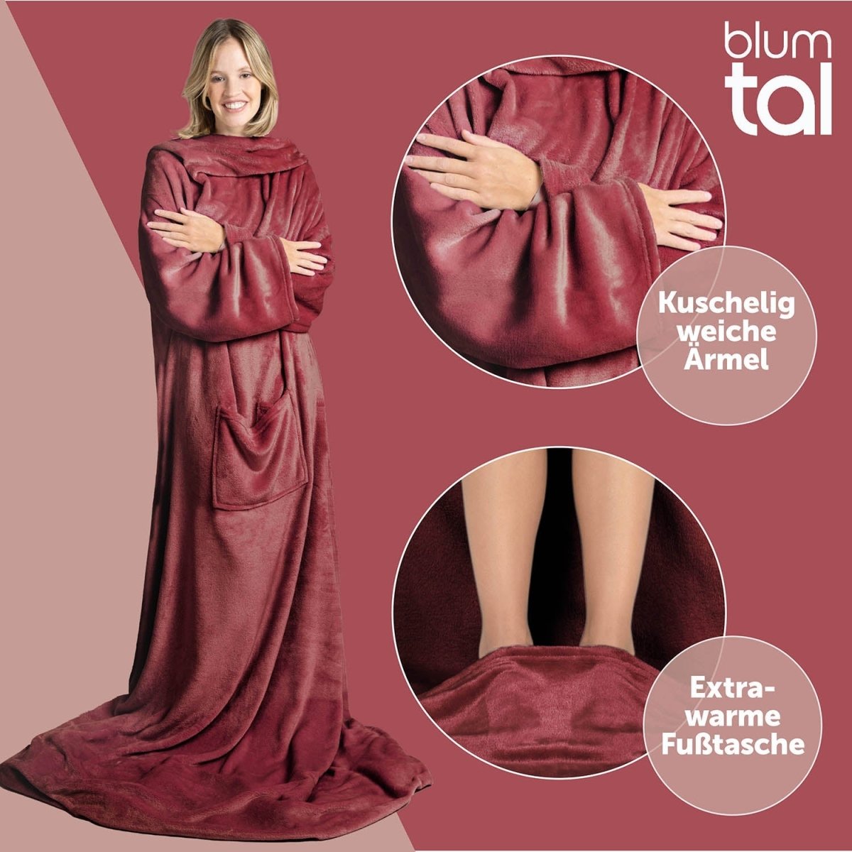 Frau in dunkelroten flauschigem Kleidungsstück vor grauem Hintergrund mit Nahaufnahme der weichen Ärmel und der extrawarmen Fußtasche in Kreisen hervorgehoben.