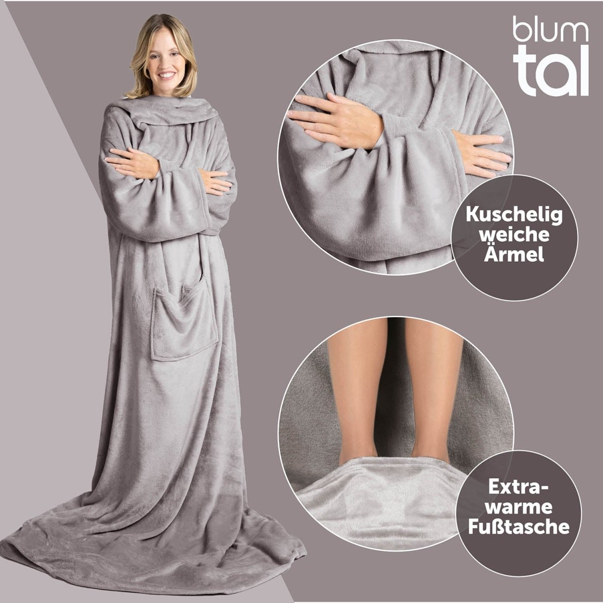 Frau in grauen flauschigem Kleidungsstück vor grauem Hintergrund mit Nahaufnahme der weichen Ärmel und der extrawarmen Fußtasche in Kreisen hervorgehoben.