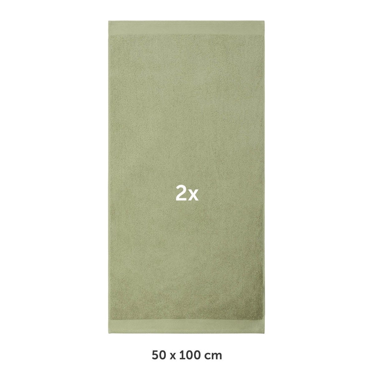 Handtuch flach ausgebreitet mit Markierung 2x und Maßangabe 50 x 100 cm in weißer Schrif