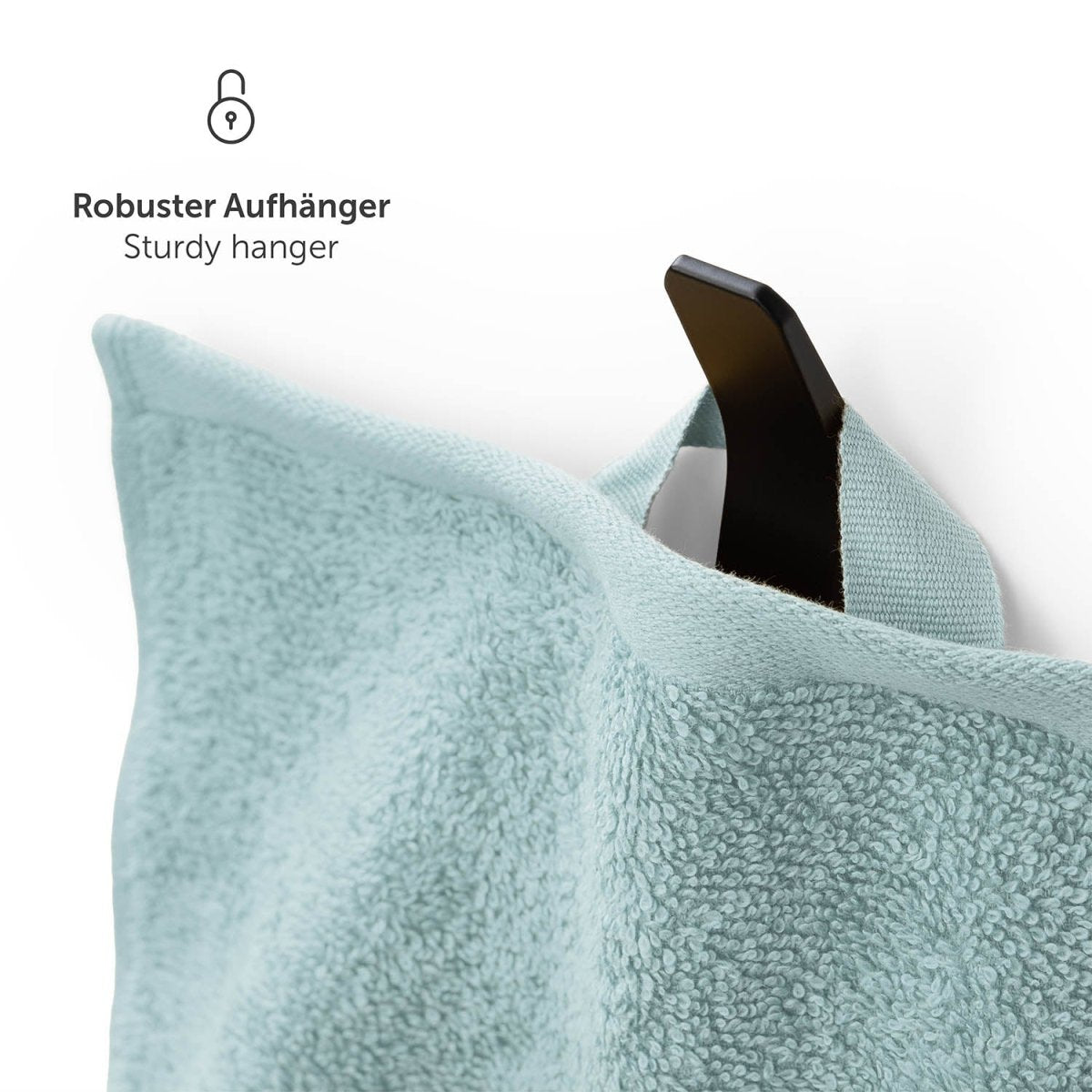 Handtuch aufgehängt an einem schwarzen Haken mit Text Robuster Aufhänger in weißer Schrift