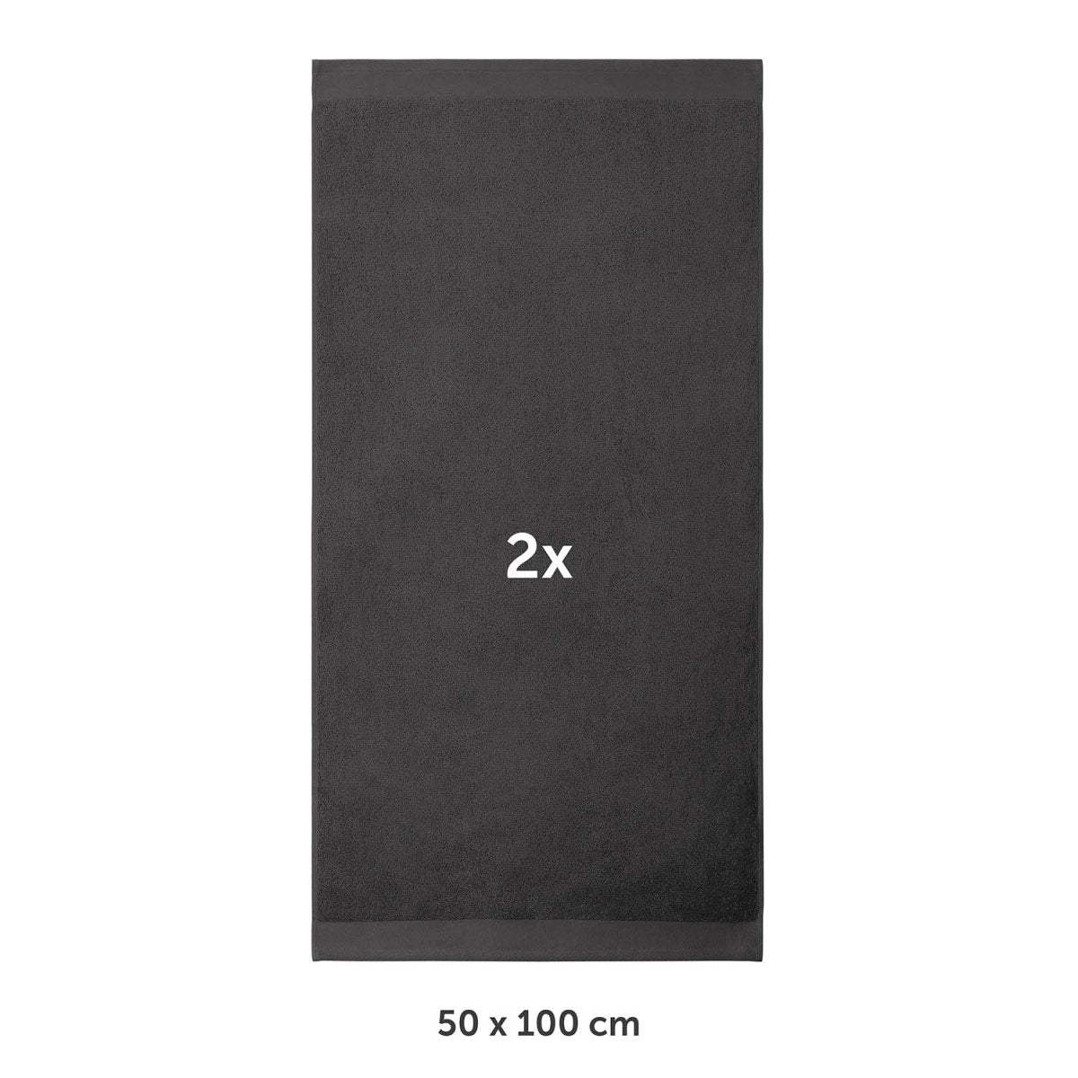 Handtuch flach ausgebreitet mit Markierung 2x und Maßangabe 50 x 100 cm in weißer Schrif