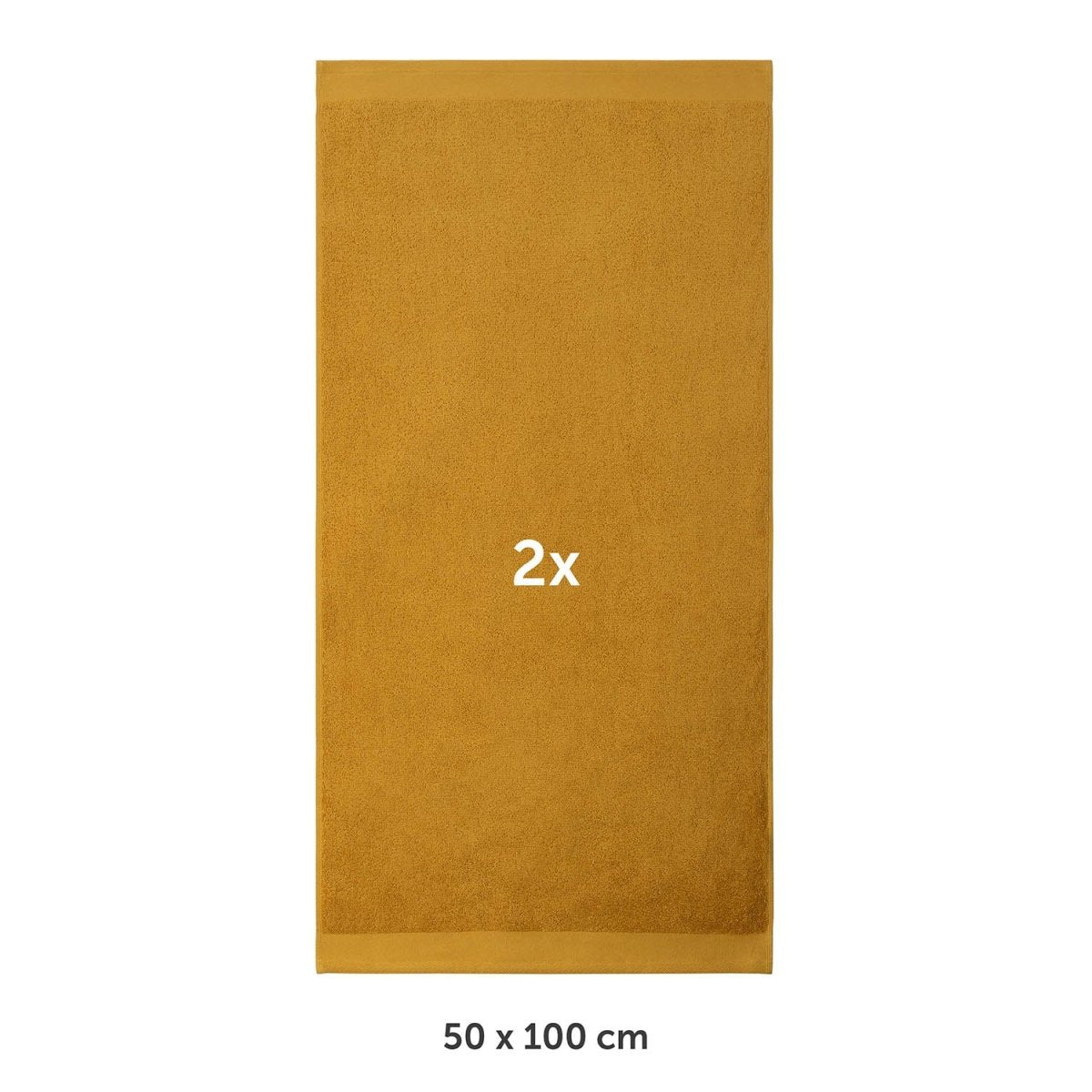 Handtuch flach ausgebreitet mit Markierung 2x und Maßangabe 50 x 100 cm in weißer Schrif