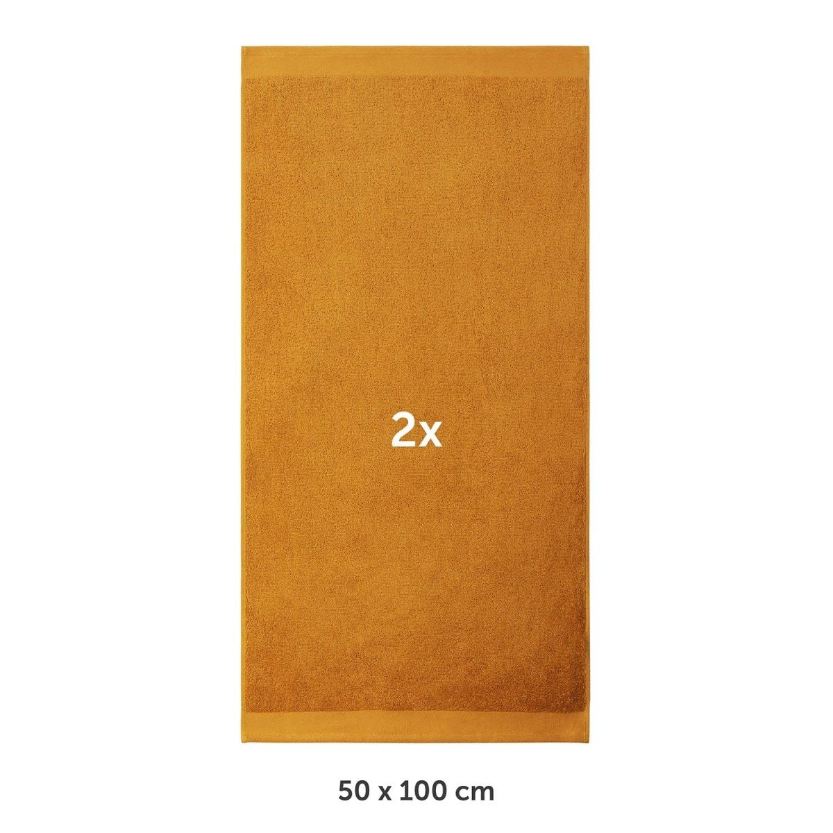 Handtuch flach ausgebreitet mit Markierung 2x und Maßangabe 50 x 100 cm in weißer Schrif