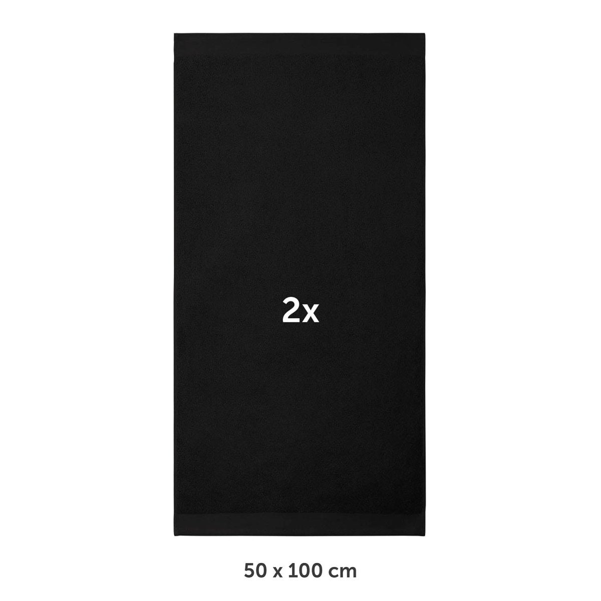 Handtuch flach ausgebreitet mit Markierung 2x und Maßangabe 50 x 100 cm in weißer Schrif