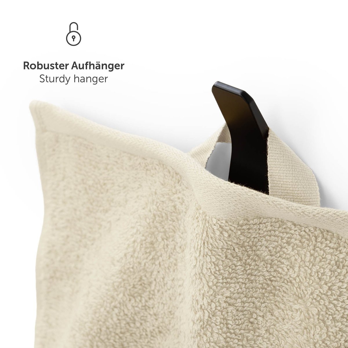 Handtuch aufgehängt an einem schwarzen Haken mit Text Robuster Aufhänger in weißer Schrift