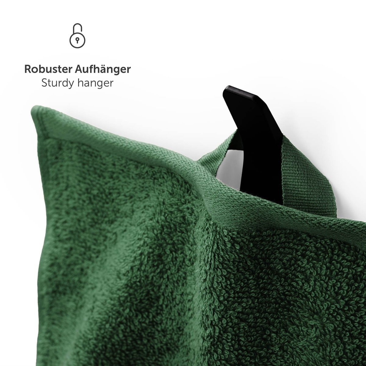 Handtuch aufgehängt an einem schwarzen Haken mit Text Robuster Aufhänger in weißer Schrift