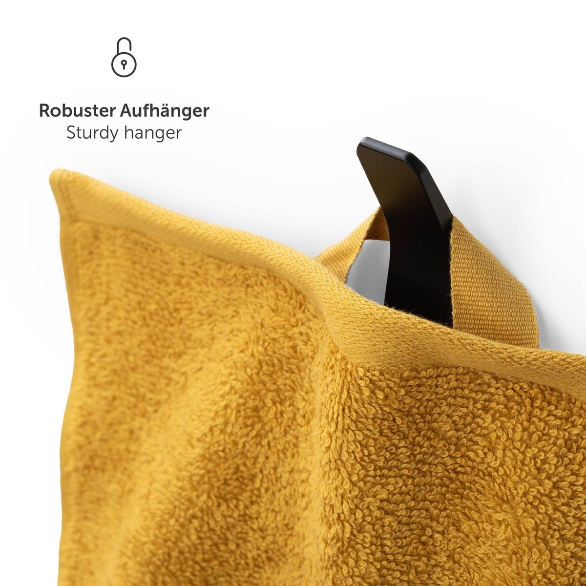 Handtuch aufgehängt an einem schwarzen Haken mit Text Robuster Aufhänger in weißer Schrift