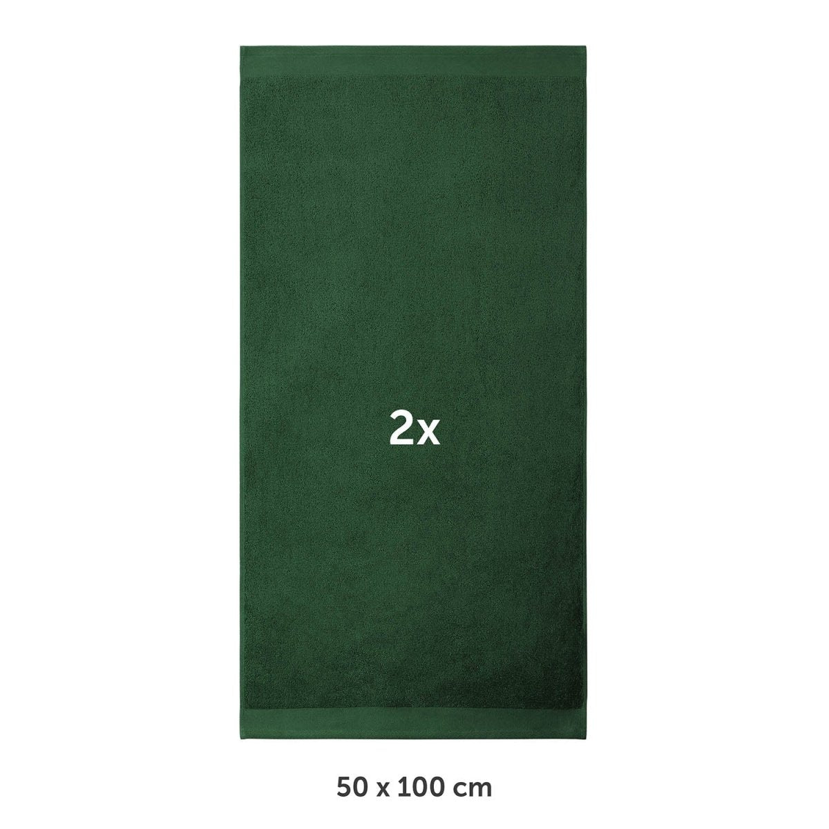 Handtuch flach ausgebreitet mit Markierung 2x und Maßangabe 50 x 100 cm in weißer Schrif