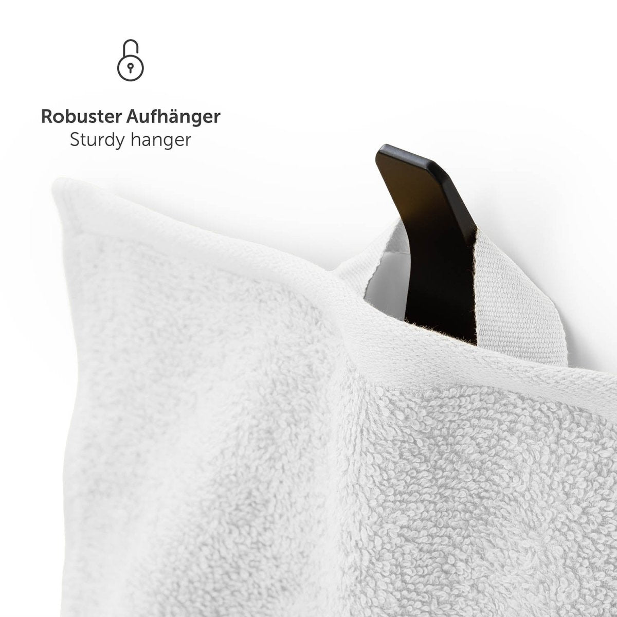 Handtuch aufgehängt an einem schwarzen Haken mit Text Robuster Aufhänger in weißer Schrift