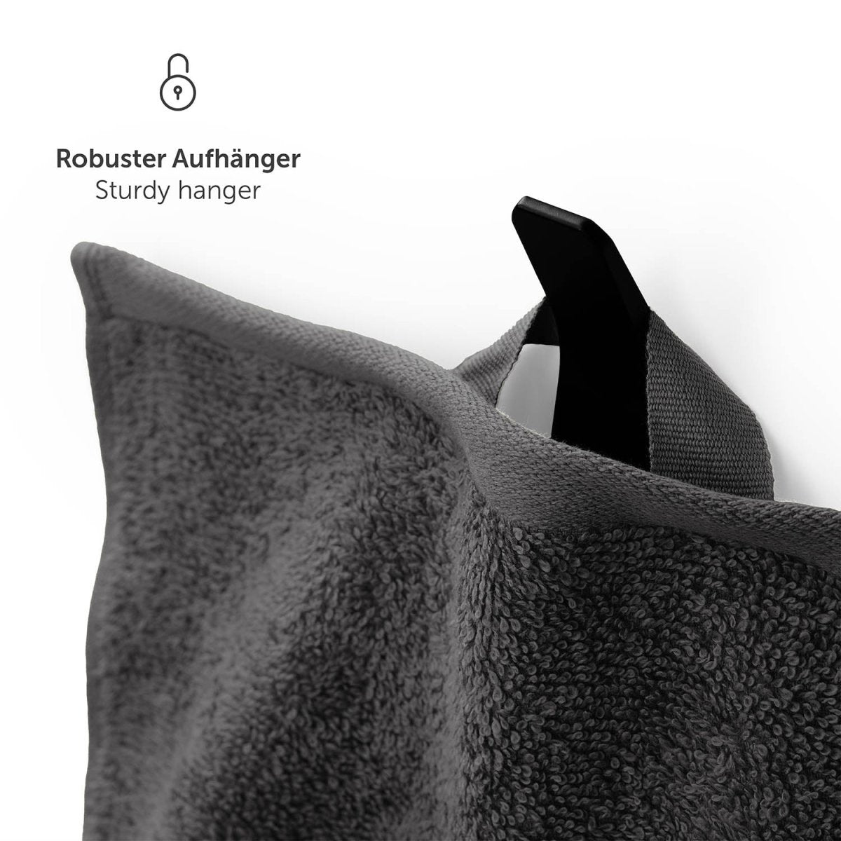 Handtuch aufgehängt an einem schwarzen Haken mit Text Robuster Aufhänger in weißer Schrift