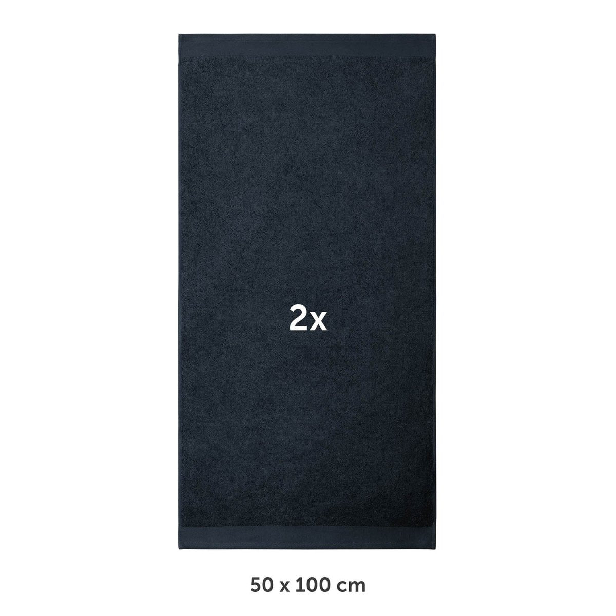 Handtuch flach ausgebreitet mit Markierung 2x und Maßangabe 50 x 100 cm in weißer Schrif