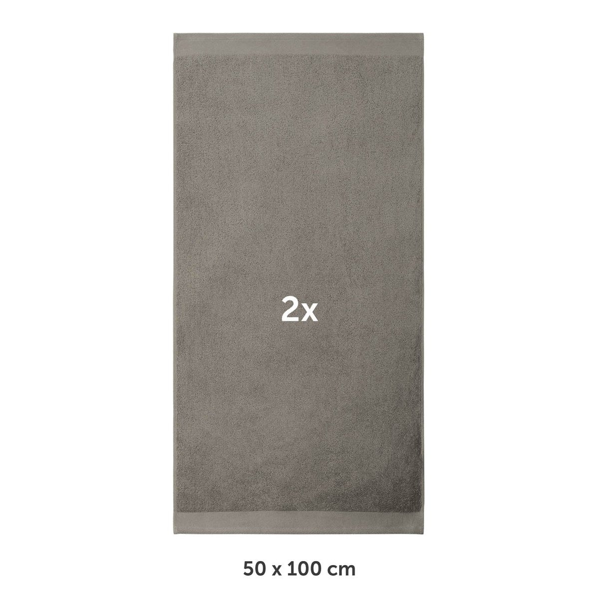 Handtuch flach ausgebreitet mit Markierung 2x und Maßangabe 50 x 100 cm in weißer Schrif