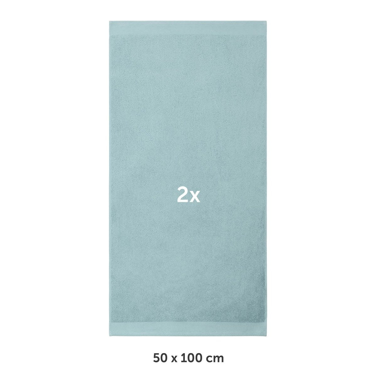 Handtuch flach ausgebreitet mit Markierung 2x und Maßangabe 50 x 100 cm in weißer Schrif