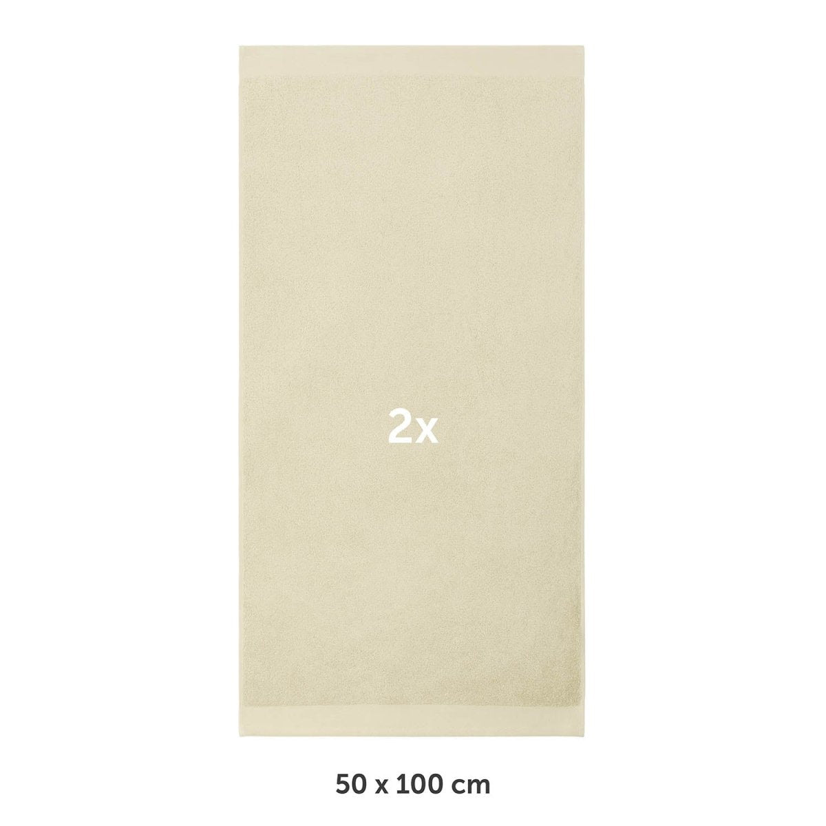 Handtuch flach ausgebreitet mit Markierung 2x und Maßangabe 50 x 100 cm in weißer Schrif