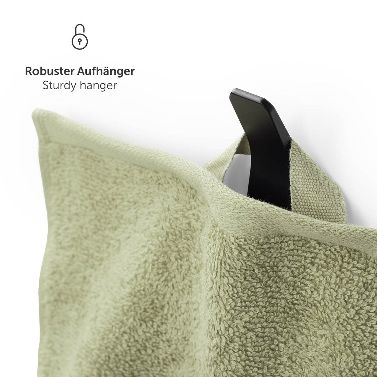 Handtuch aufgehängt an einem schwarzen Haken mit Text Robuster Aufhänger in weißer Schrift