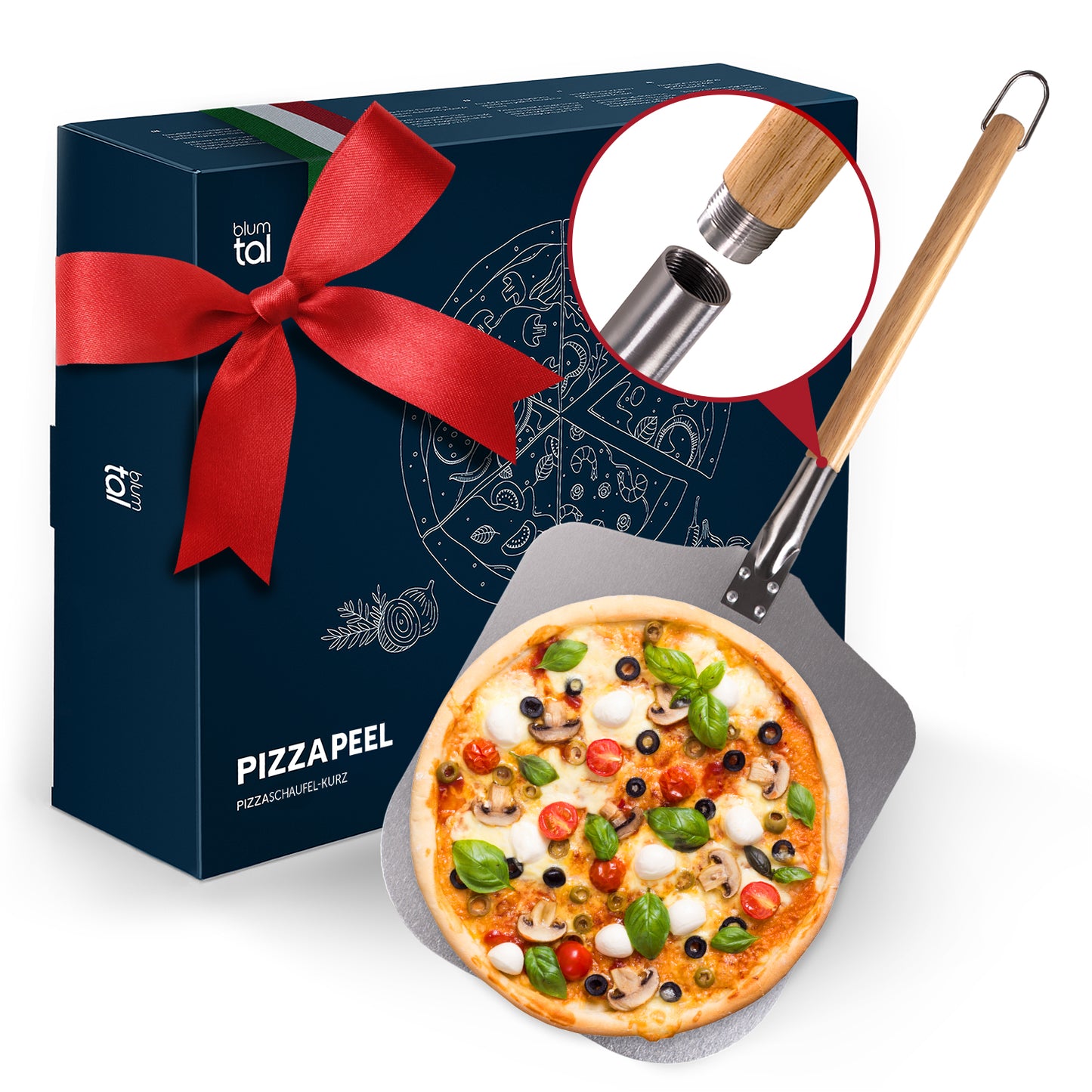 Hochwertige Pizzaschaufel aus Metall mit Holzgriff und verschraubbarer Verbindung, inklusive Geschenkbox mit roter Schleife und stilvollem Pizza-Motiv