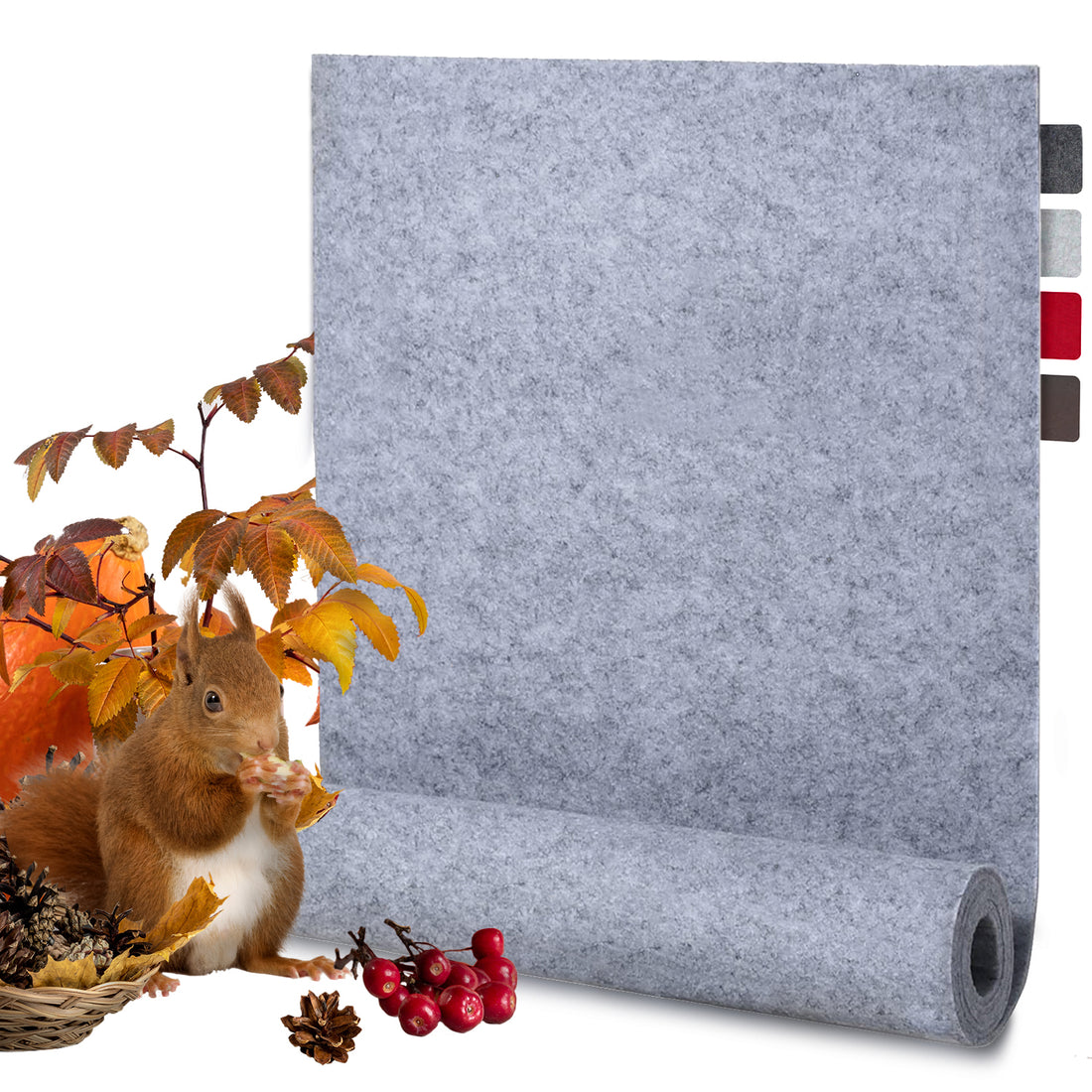 Herbstszene mit Eichhörnchen und Rollenprodukt in Naturtönen