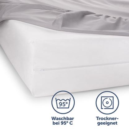 Matratzenbezug auf einem Bett hervorgehoben durch seine Waschbarkeit bei 95°C und Trocknereignung für einfache Pflege.