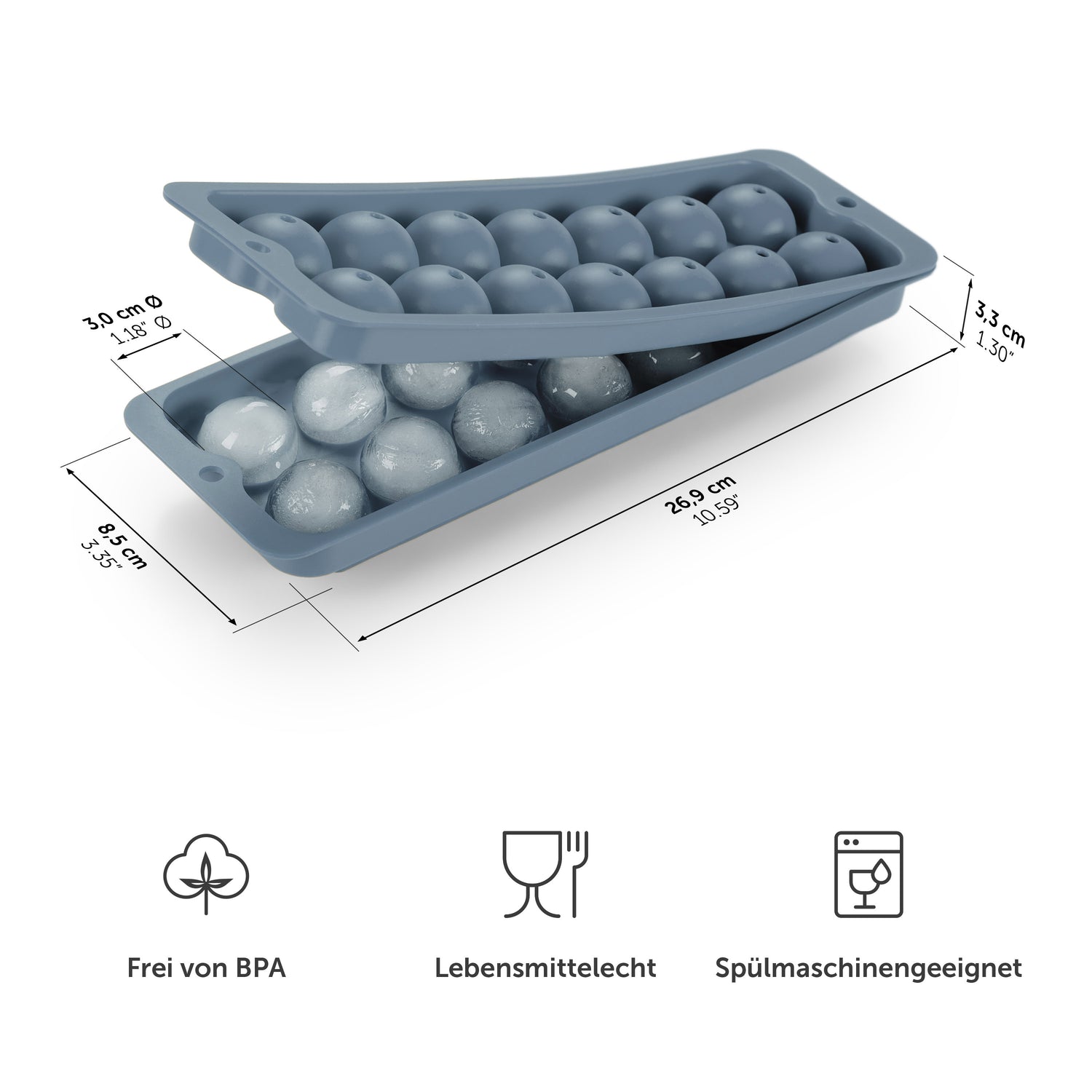 Blaue Eiskugelform mit Maßangaben und Symbolen für BPA-frei Lebensmittelecht und Spülmaschinengeeignet.