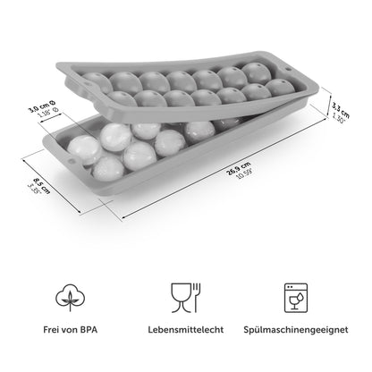 Graue Eiskugelform mit Maßangaben und Symbolen für BPA-frei Lebensmittelecht und Spülmaschinengeeignet.