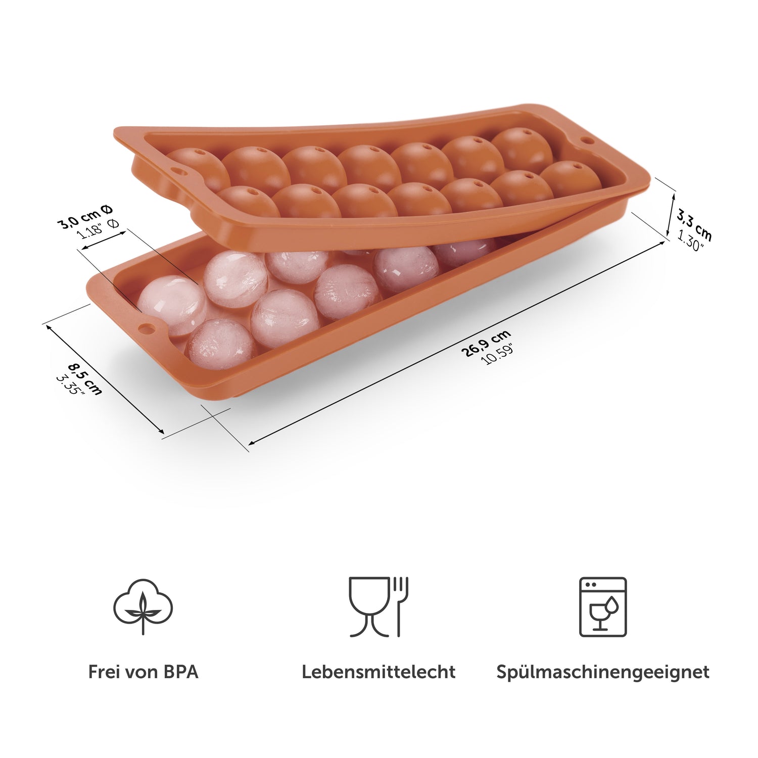 Rote Eiskugelform mit Maßangaben und Symbolen für BPA-frei Lebensmittelecht und Spülmaschinengeeignet.