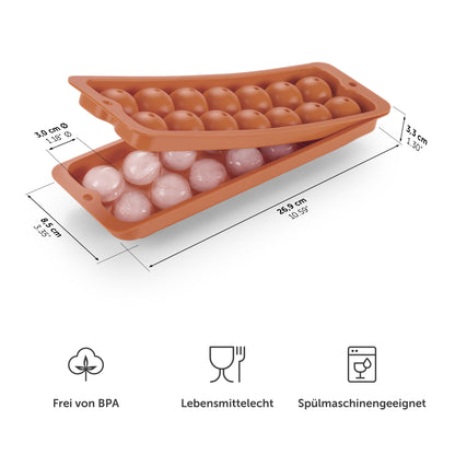 Rote Eiskugelform mit Maßangaben und Symbolen für BPA-frei Lebensmittelecht und Spülmaschinengeeignet.