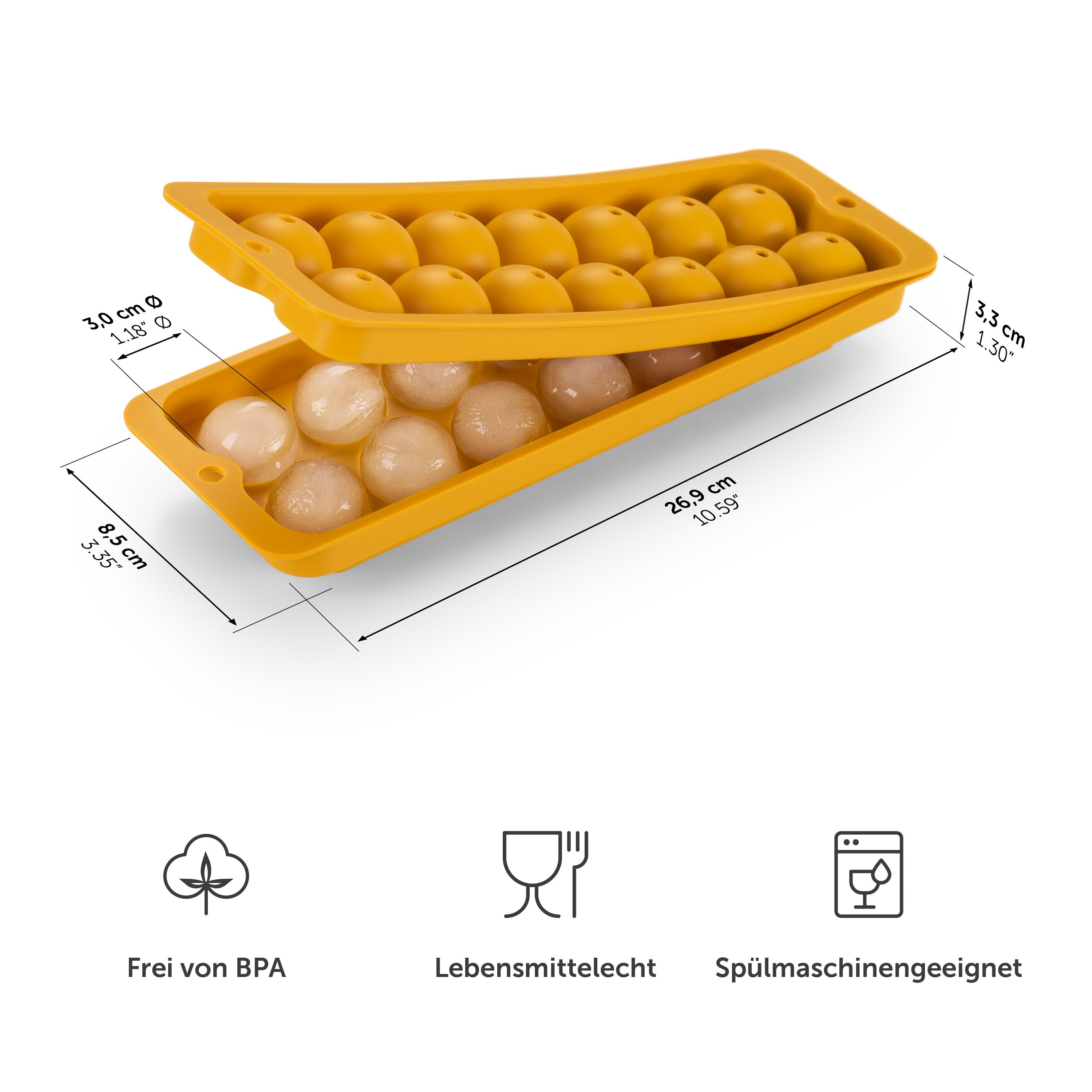 Gelbe Eiswürfelform mit Maßangaben und Symbolen für BPA-frei Lebensmittelecht und Spülmaschinengeeignet.