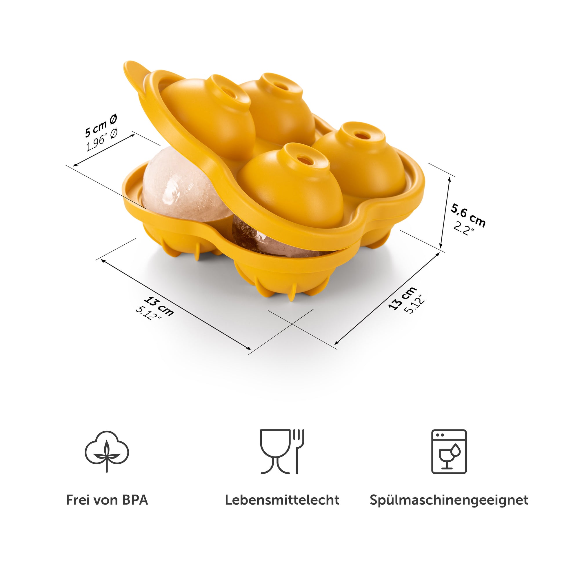 Gelbe Eiswürfelform mit Maßangaben und Symbolen für BPA-frei Lebensmittelecht und Spülmaschinengeeignet.