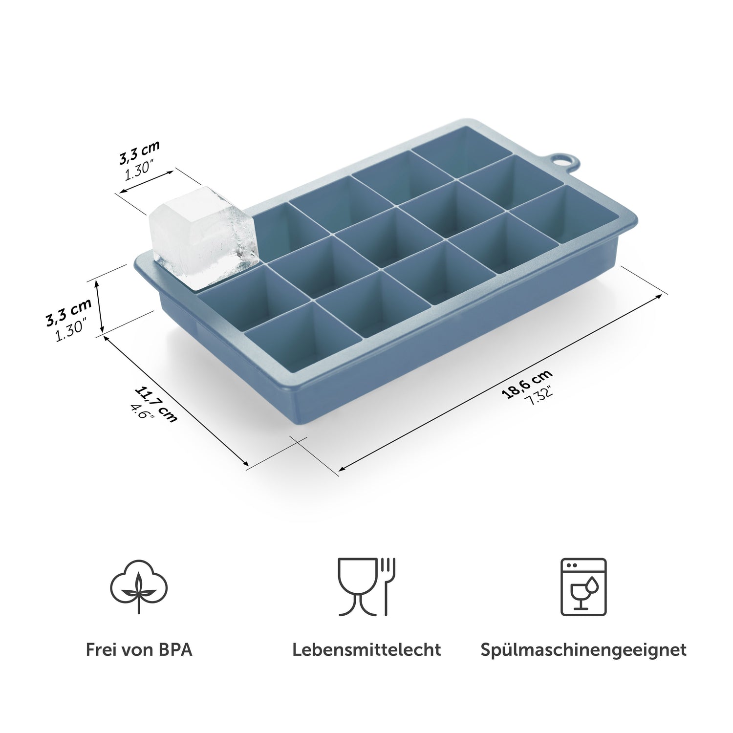 Blaue Eiskugelform mit Maßangaben und Symbolen für BPA-frei Lebensmittelecht und Spülmaschinengeeignet.