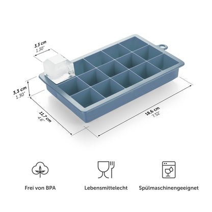 Blaue Eiskugelform mit Maßangaben und Symbolen für BPA-frei Lebensmittelecht und Spülmaschinengeeignet.