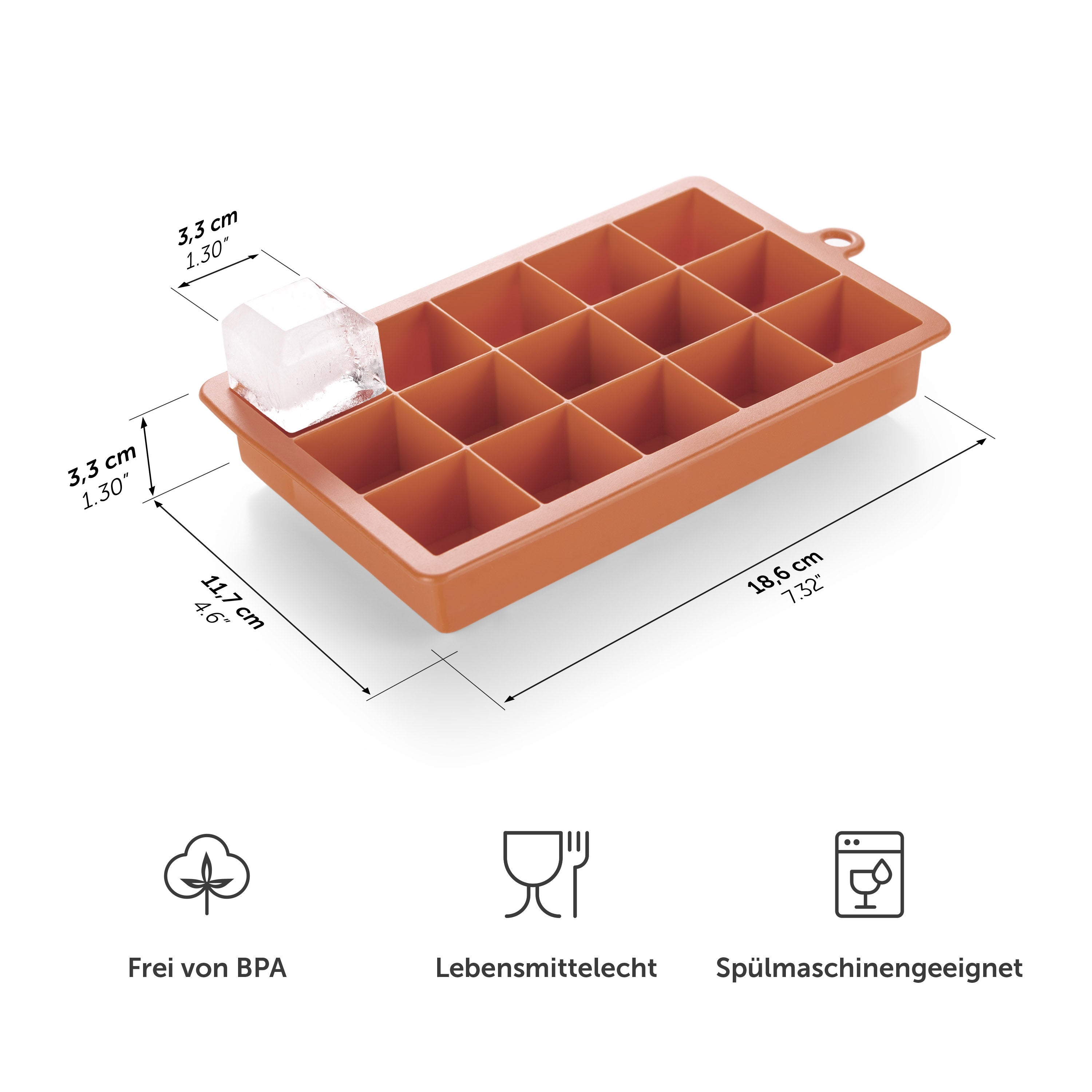 Rote Eiskugelform mit Maßangaben und Symbolen für BPA-frei Lebensmittelecht und Spülmaschinengeeignet.