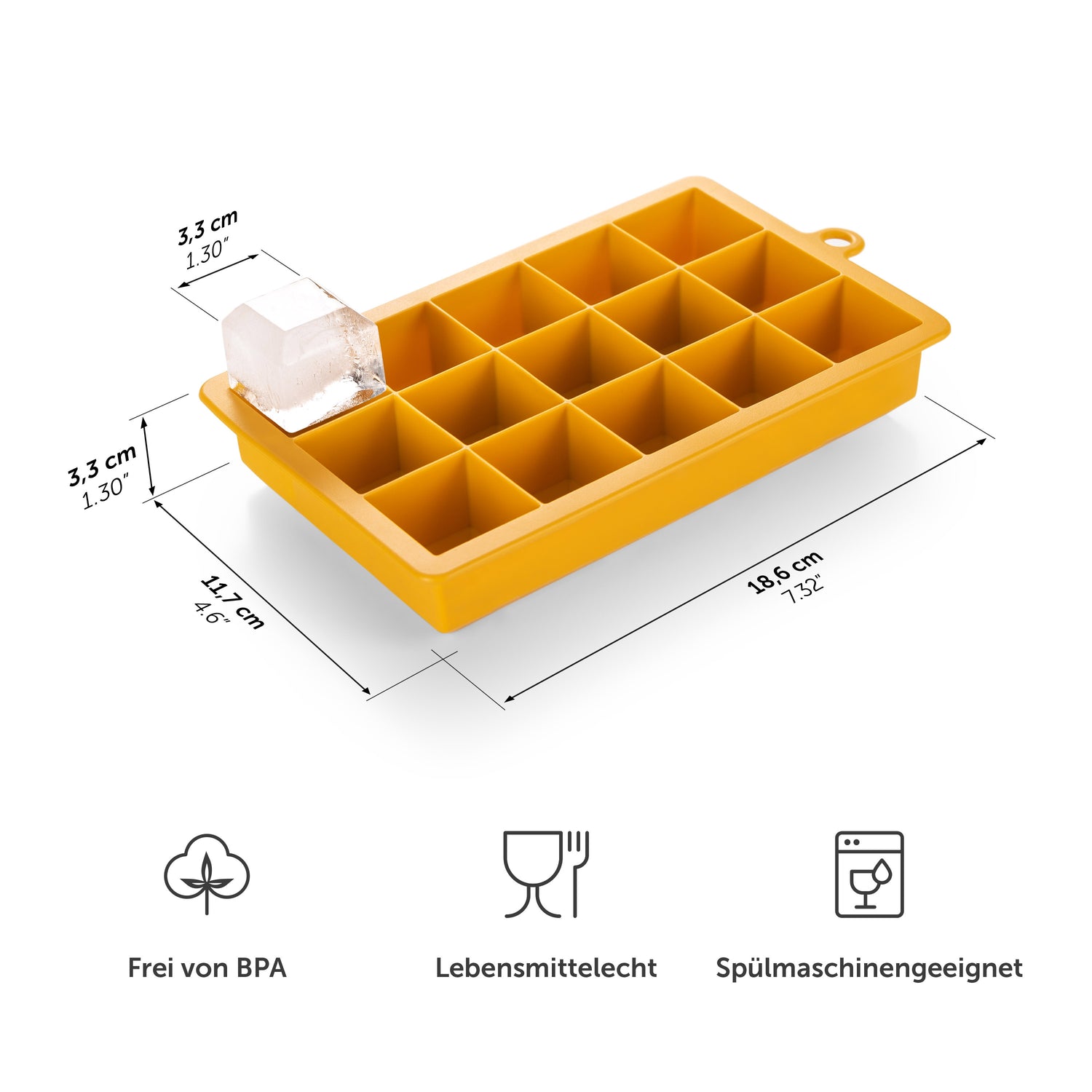 Gelbe Eiswürfelform mit Maßangaben und Symbolen für BPA-frei Lebensmittelecht und Spülmaschinengeeignet.