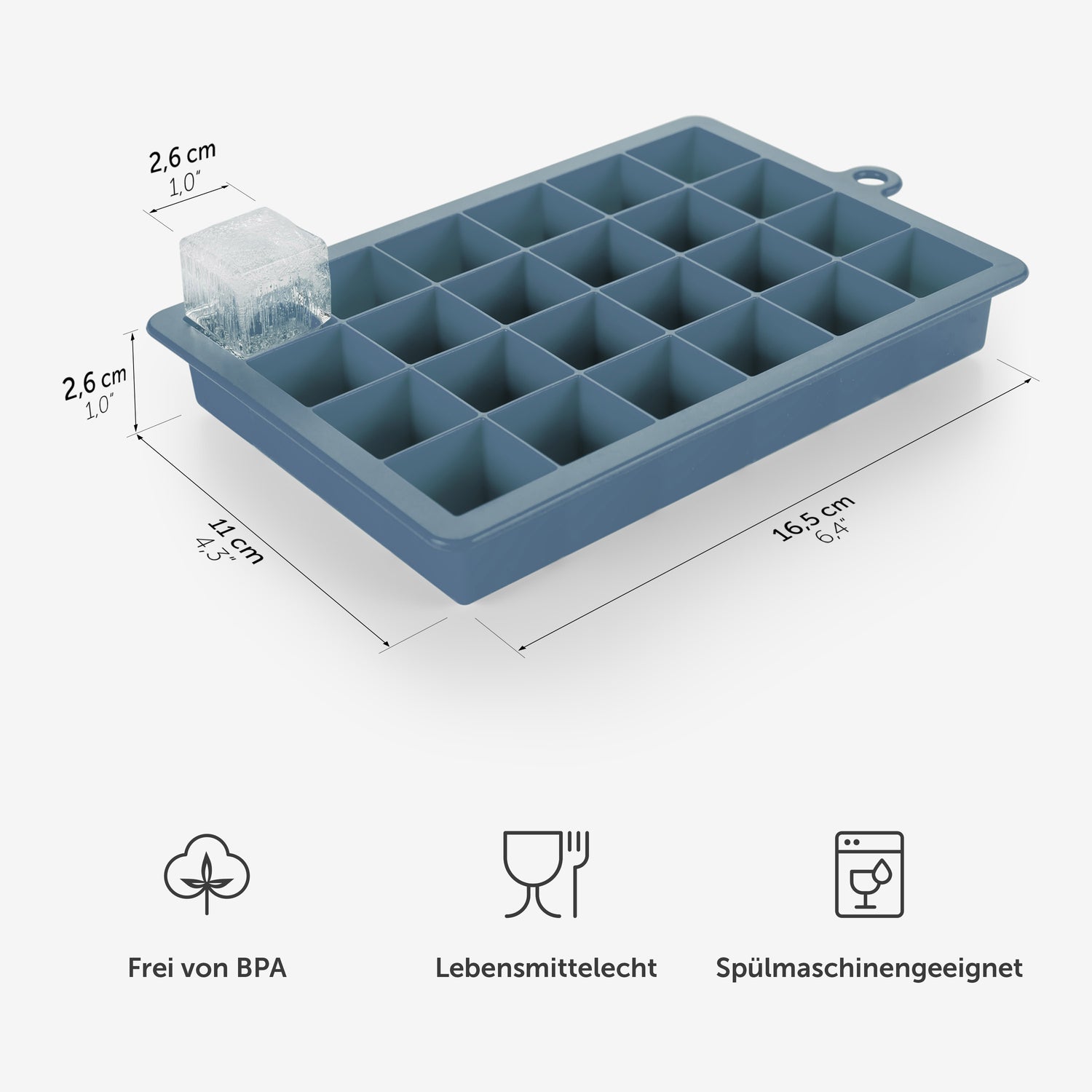 Graublaue Eiskugelform mit Maßangaben und Symbolen für BPA-frei Lebensmittelecht und Spülmaschinengeeignet.