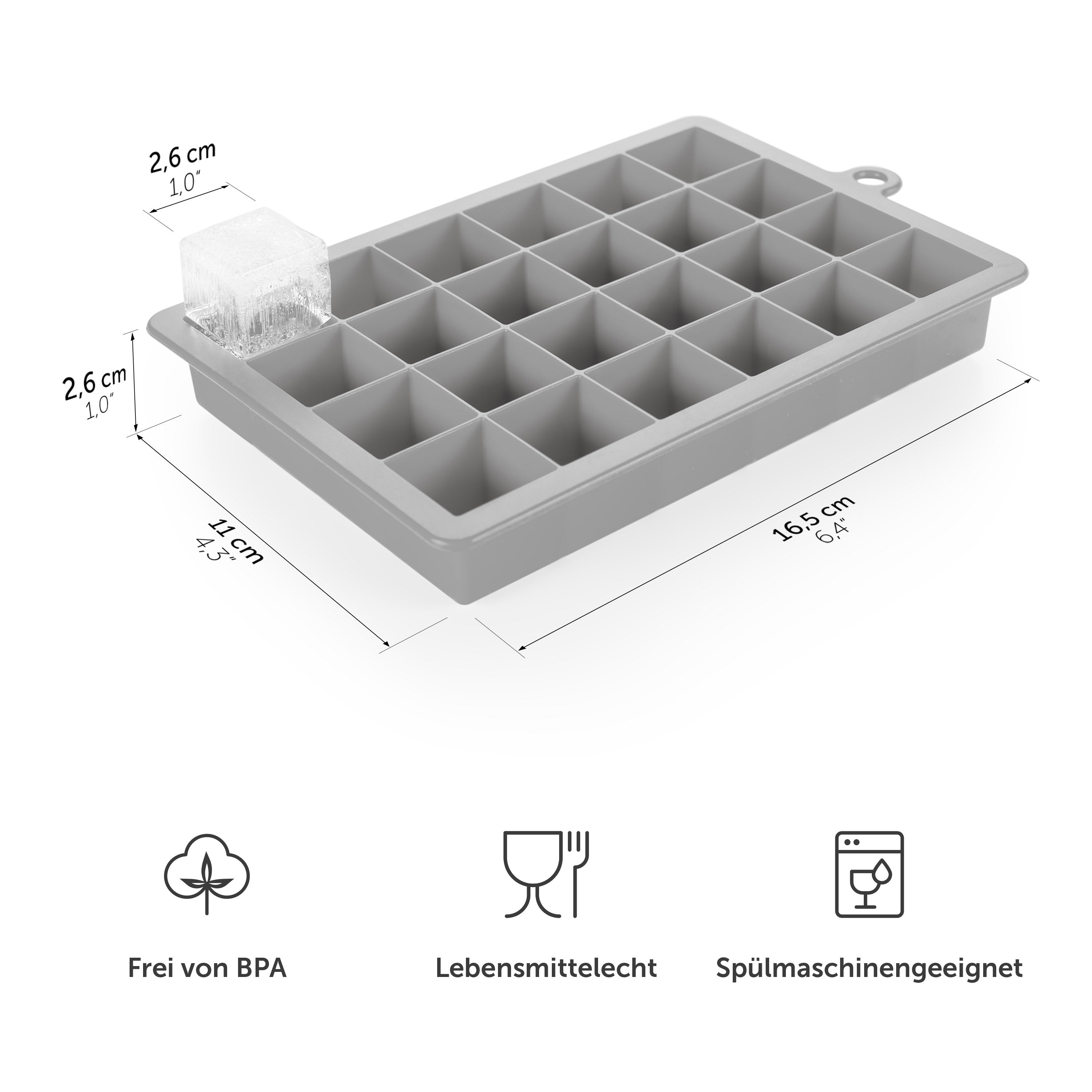 Graue Eiswürfelform mit Maßangaben und Symbolen für BPA-frei Lebensmittelecht und Spülmaschinengeeignet.