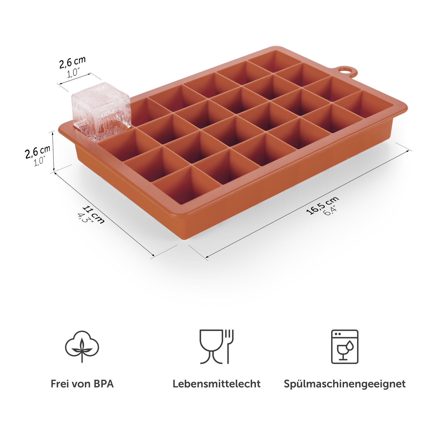 Rote Eiskugelform mit Maßangaben und Symbolen für BPA-frei Lebensmittelecht und Spülmaschinengeeignet.