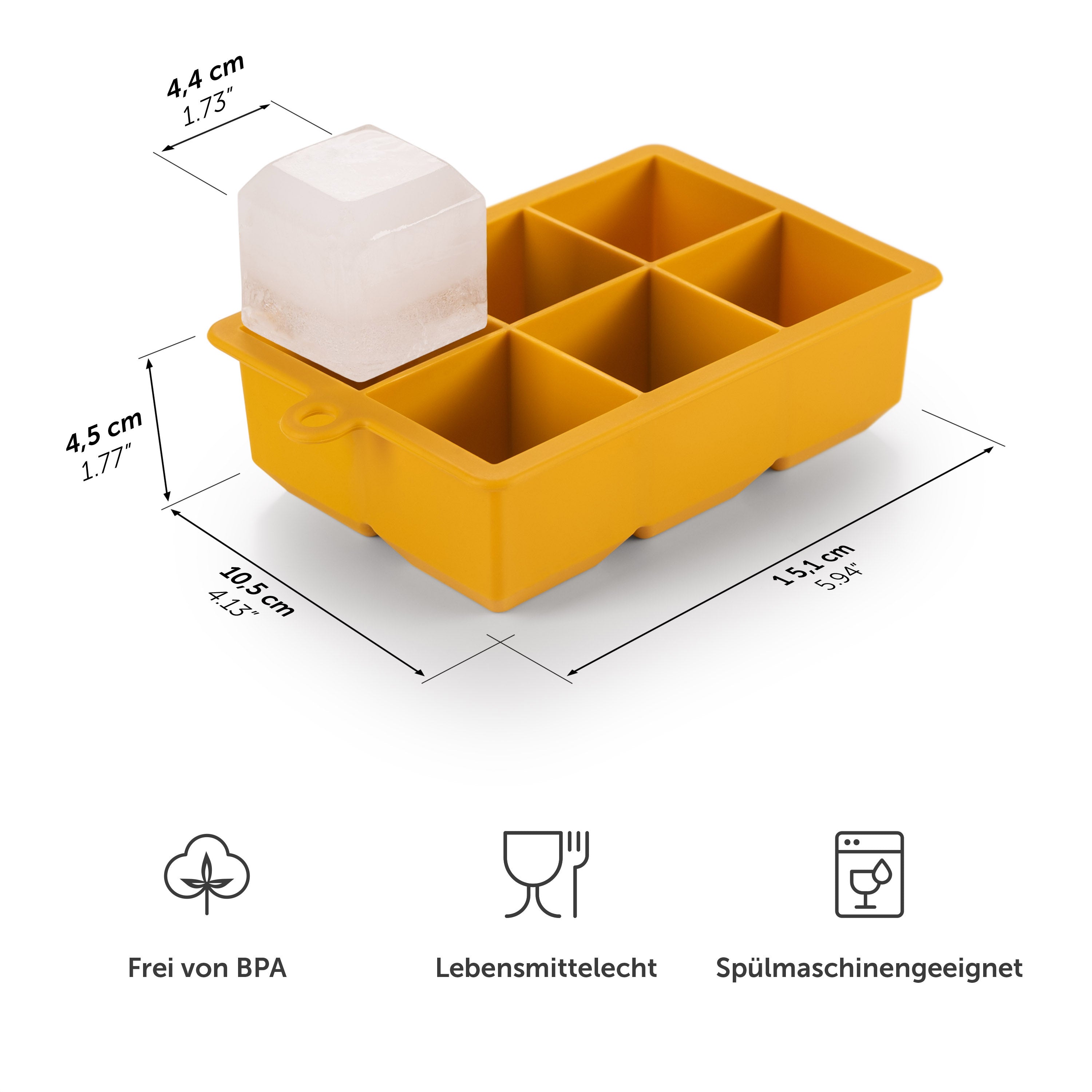 Gelbe Eiswürfelform mit Maßangaben und Symbolen für BPA-frei Lebensmittelecht und Spülmaschinengeeignet.