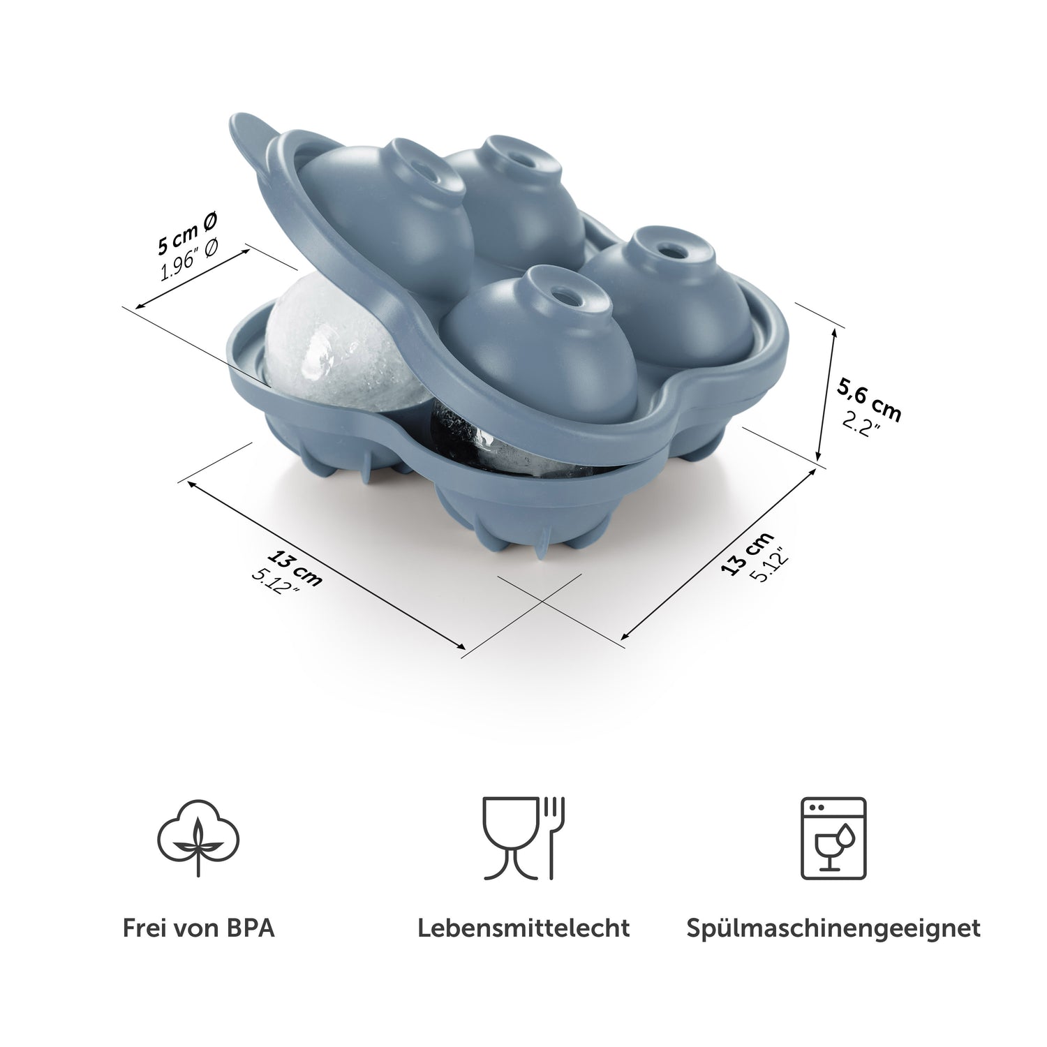 Blaue Eiskugelform mit Maßangaben und Symbolen für BPA-frei Lebensmittelecht und Spülmaschinengeeignet.