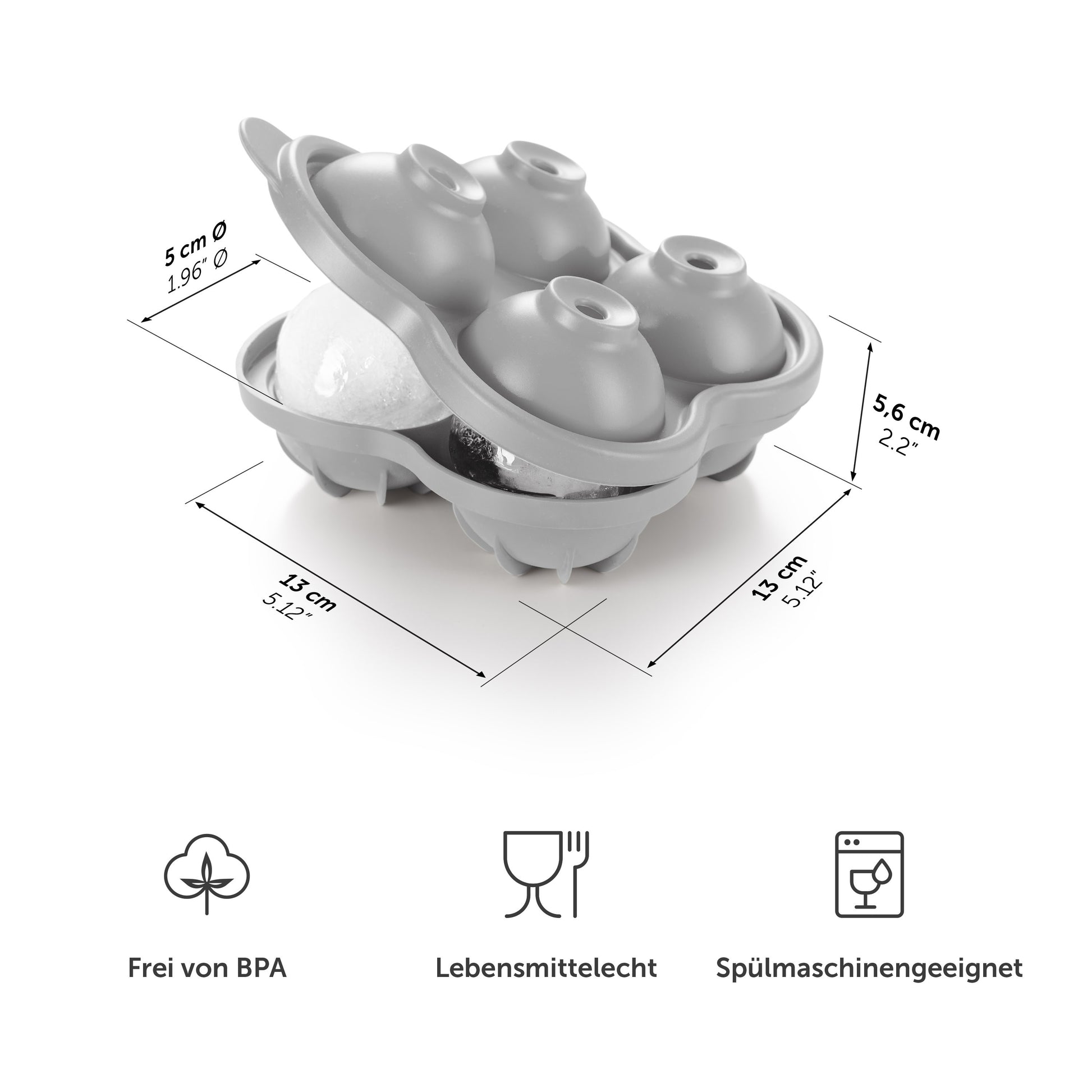 Graue Eiskugelform mit Maßangaben und Symbolen für BPA-frei Lebensmittelecht und Spülmaschinengeeignet.