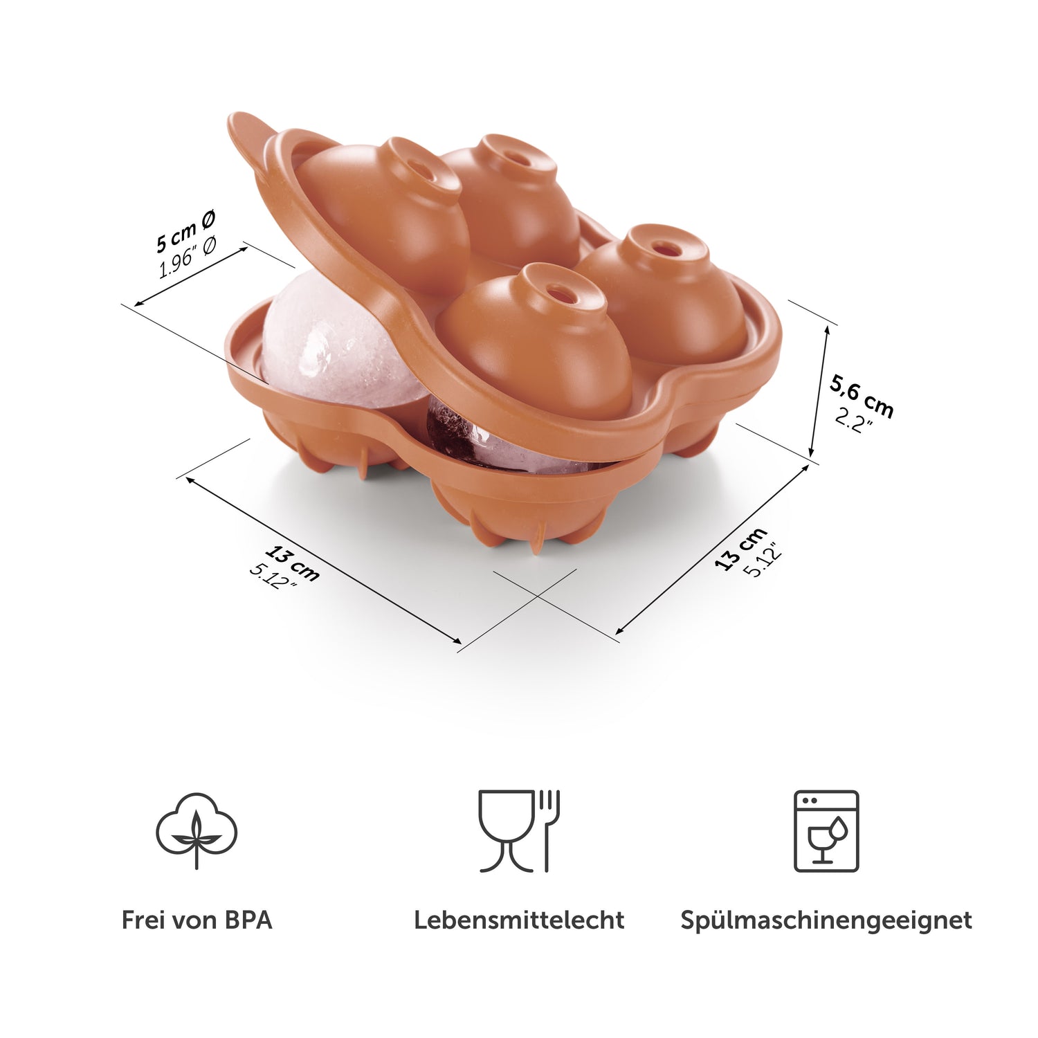 Rote Eiskugelform mit Maßangaben und Symbolen für BPA-frei Lebensmittelecht und Spülmaschinengeeignet.