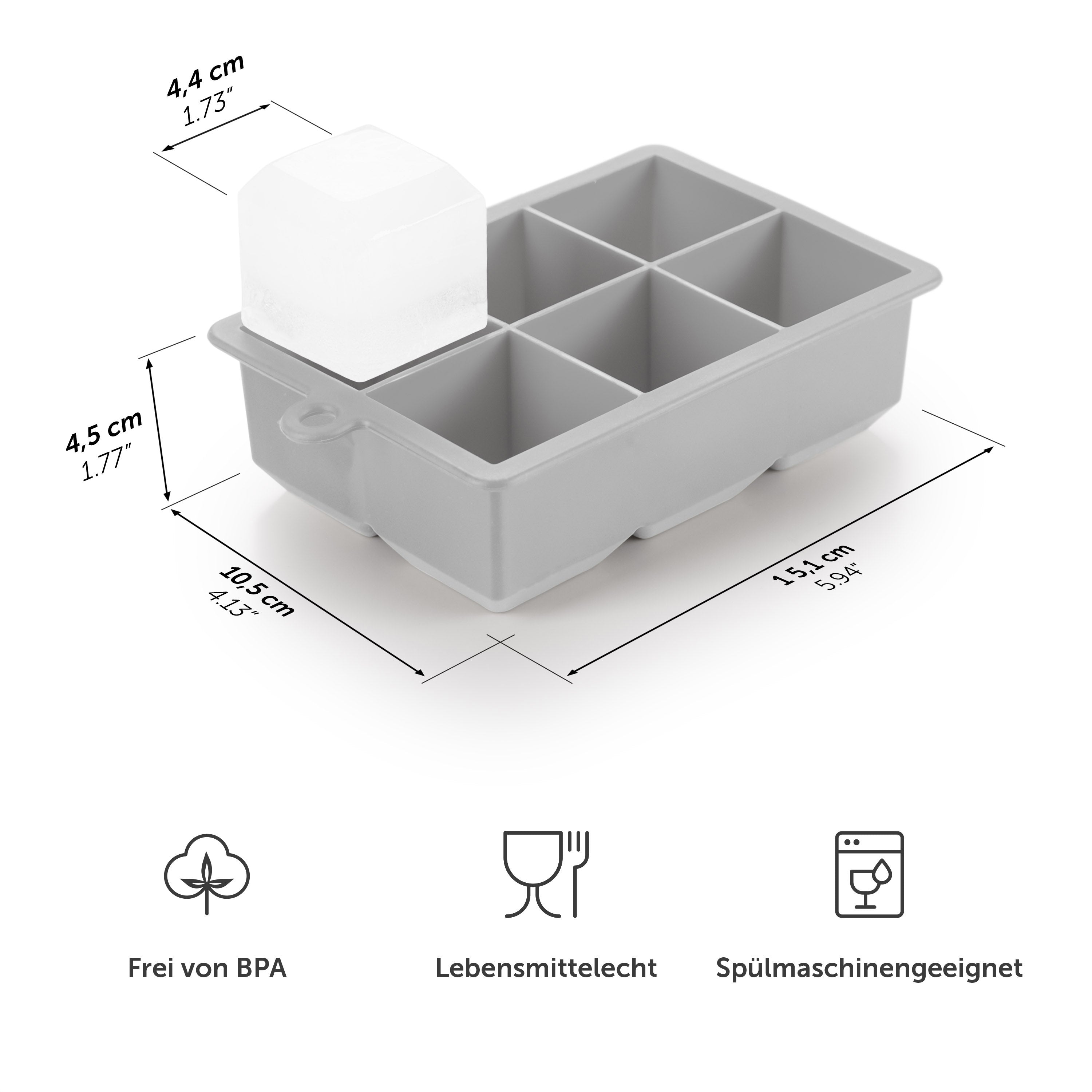 Graue Eiswürfelform mit Maßangaben und Symbolen für BPA-frei Lebensmittelecht und Spülmaschinengeeignet.