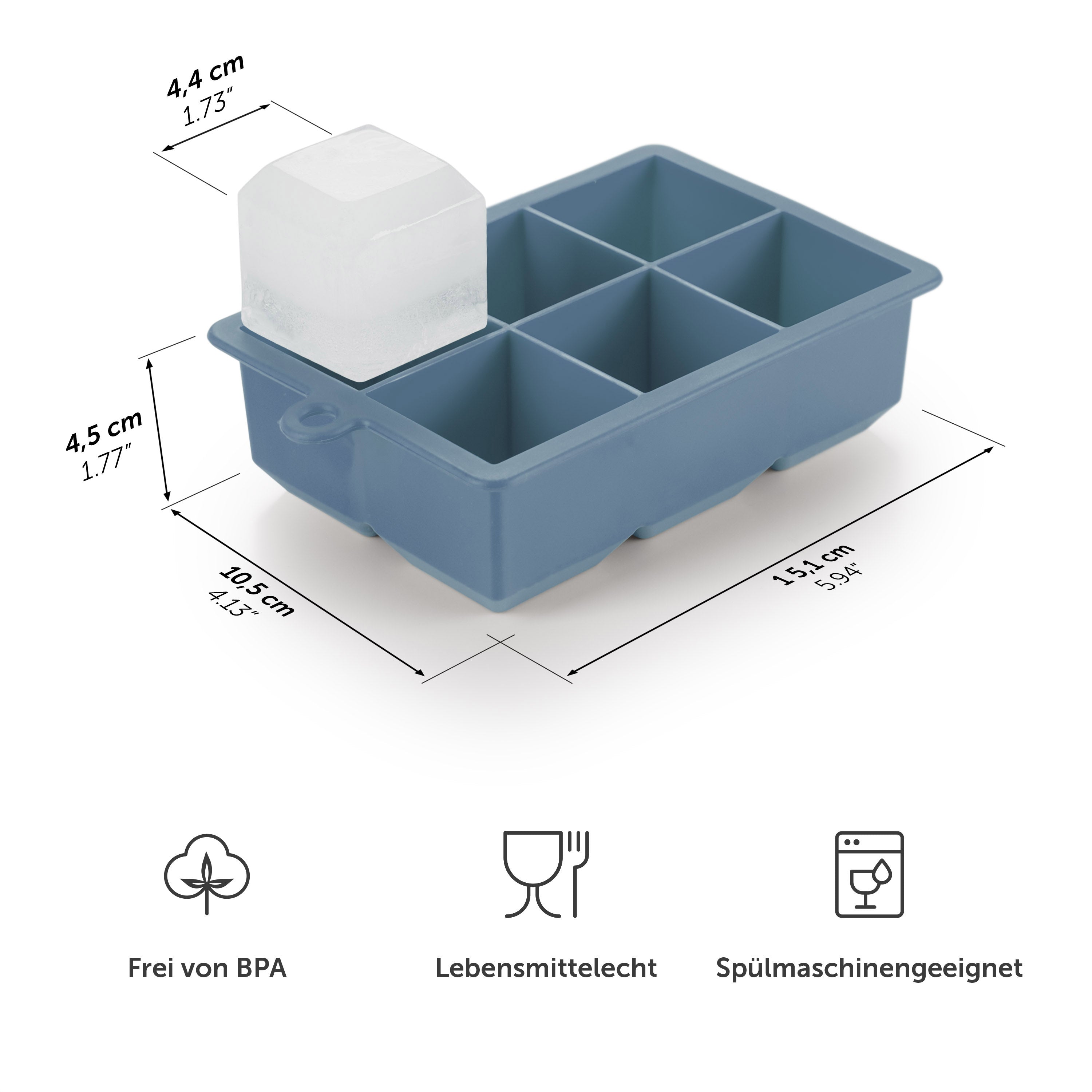 Graublaue Eiskugelform mit Maßangaben und Symbolen für BPA-frei Lebensmittelecht und Spülmaschinengeeignet.