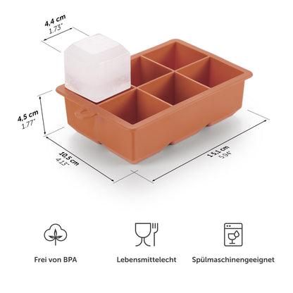 Grüne Eiswürfelform mit Maßangaben und Symbolen für BPA-frei Lebensmittelecht und Spülmaschinengeeignet.