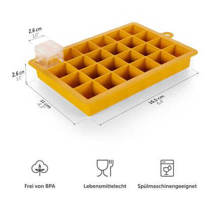 Gelbe Eiswürfelform mit Maßangaben und Symbolen für BPA-frei Lebensmittelecht und Spülmaschinengeeignet.