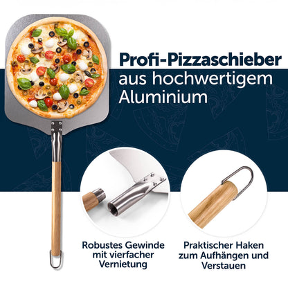 Stabiler Profi-Pizzaschieber aus Aluminium mit vierfach vernietetem Gewinde und Holzgriff, inklusive Aufhängehaken.
