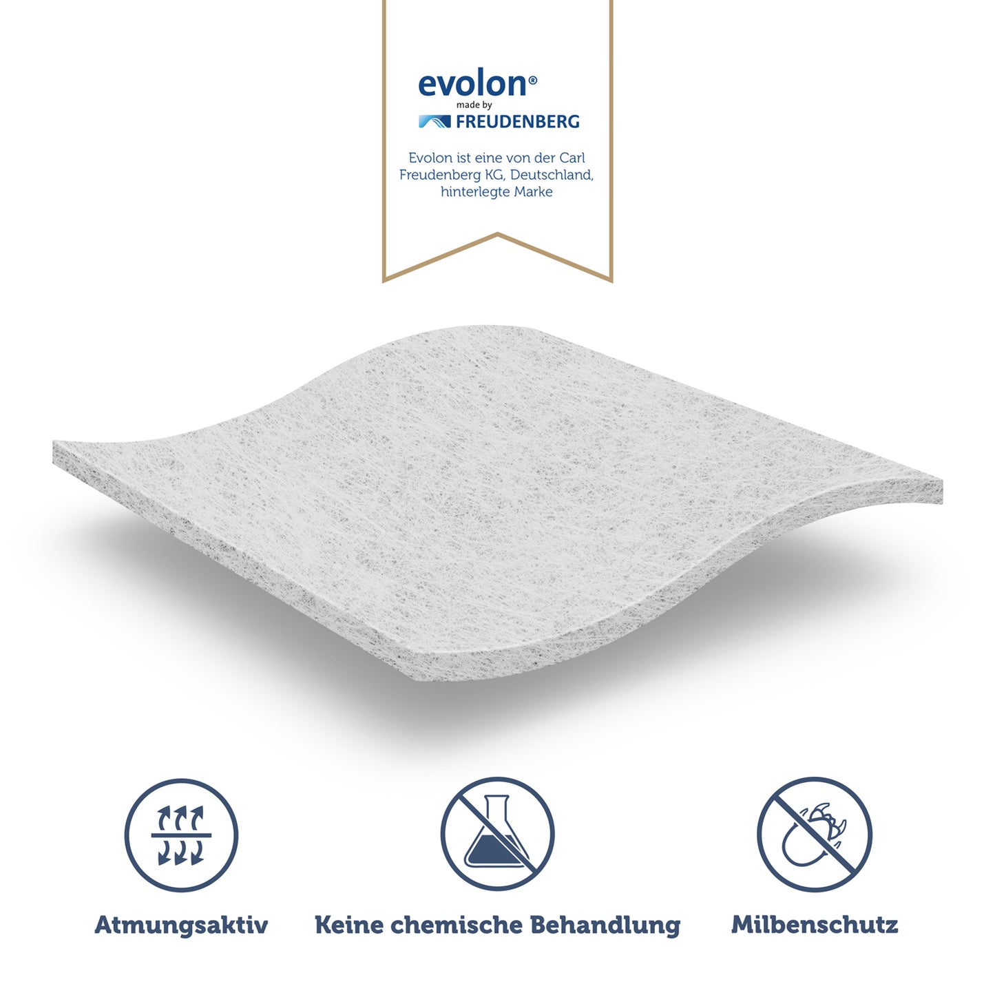 Die Eigenschaften des Matratzenbezugs aus Evolon-Material hervorgehoben durch Atmungsaktivität Verzicht auf chemische Behandlung und Milbenschutz.