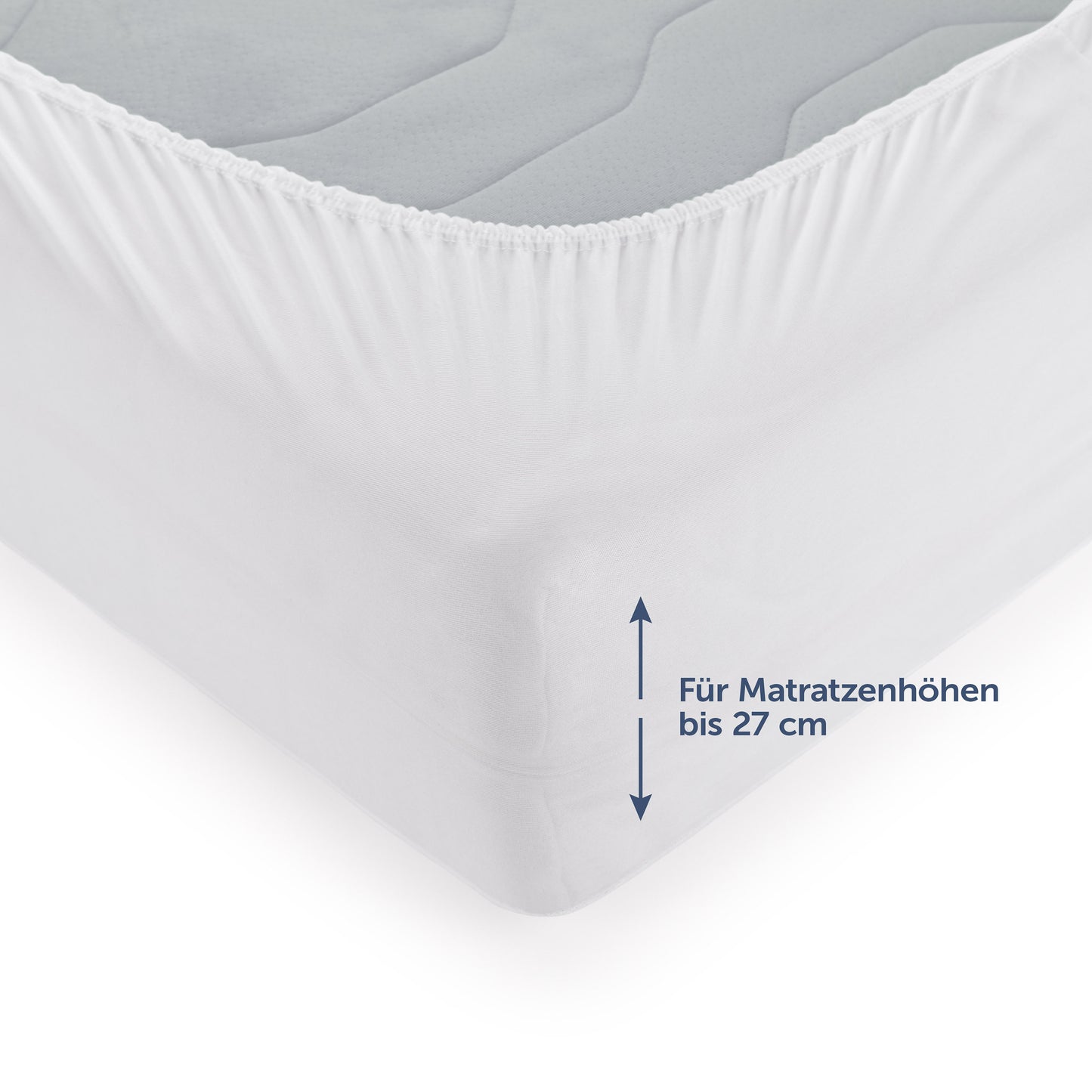 Nahaufnahme des Matratzenschoners auf einer Matratze mit Hinweis 'Für Matratzenhöhen bis 27 cm'.